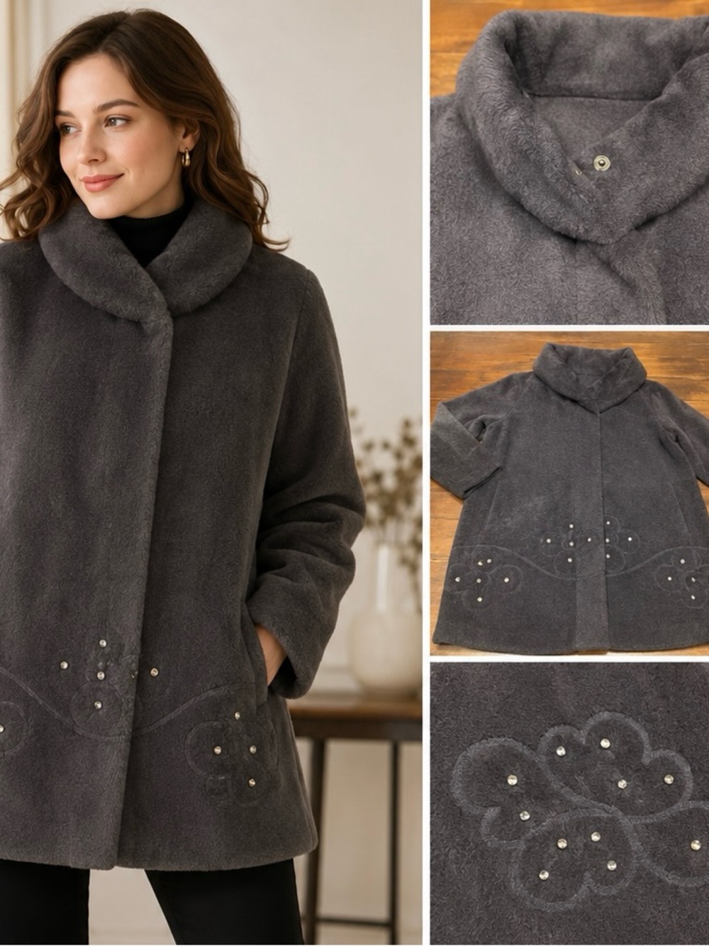 Vintage Y2K Super Soft Faux Fur Fleece Coat with Rhinestone Embellished Trim